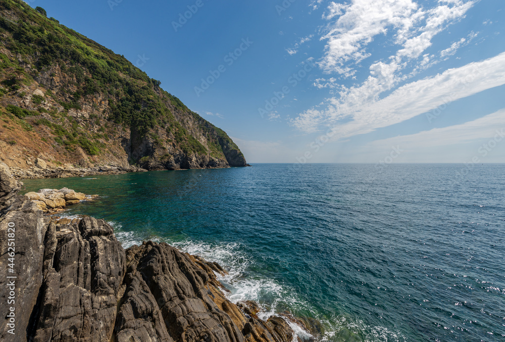Coast and seascape (Ligurian Sea) in front of the small Riomaggiore village. Cinque Terre, National park in Liguria, La Spezia province, Italy, Europe. UNESCO world heritage site. Coast and seascape (Ligurian Sea) in front of the small Riomaggiore village. Cinque Terre, National park in Liguria, La Spezia province, Italy, Europe. UNESCO world heritage site.