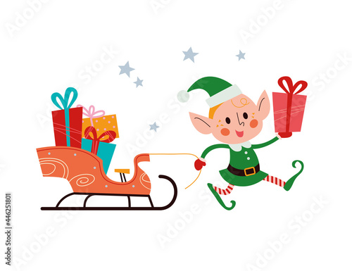 Cute little Santa elf character with sleigh full of gift boxes and presents isolated. Vector flat cartoon illustration. For Christmas card, pattern, banner, sticker, tag etc.