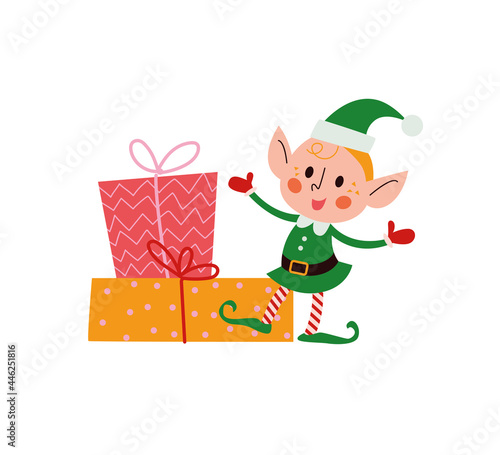Cute little Santa elf characters with pile of gift boxes isolated. Vector flat cartoon illustration. For Christmas cards, patterns, banners, stickers, tags etc.