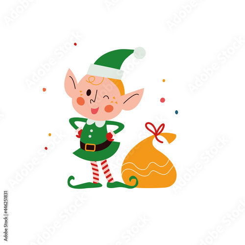 Cute little Santa elf character smiling and winking at presents bag isolated. Vector flat cartoon illustration. For Christmas cards, patterns, banners, stickers, tags etc.