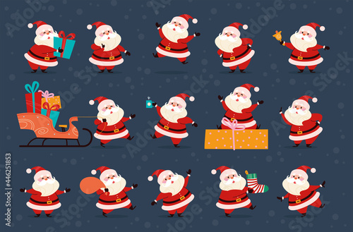 Set of funny Santa Claus characters carry gift box, presents bag and Christmas stocking, ring bell, wink, jump isolated. Vector flat cartoon illustration. For Christmas card, pattern, sticker, banner.