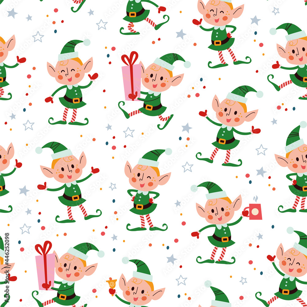 Seamless pattern with funny santa elves characters in hats with gift box, ring bell, hot chocolate cup. For Christmas cards, invitations, packaging paper etc. Vector flat cartoon illustration.