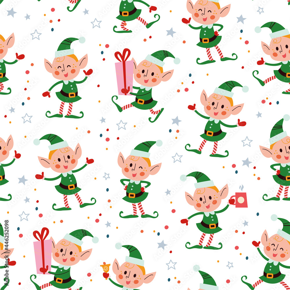 Seamless pattern with funny santa elves characters in hats with gift box, ring bell, hot chocolate cup. For Christmas cards, invitations, packaging paper etc. Vector flat cartoon illustration. Seamless pattern with funny santa elves characters in hats with gift box, ring bell, hot chocolate cup. For Christmas cards, invitations, packaging paper etc. Vector flat cartoon illustration.