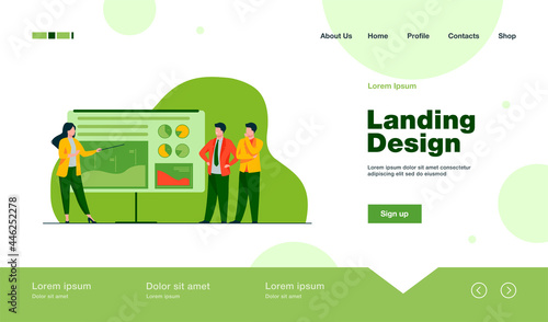 Female coach explaining statistics to businessmen. Graph, company, analysis flat vector illustration. Business and marketing concept for banner, website design or landing web page