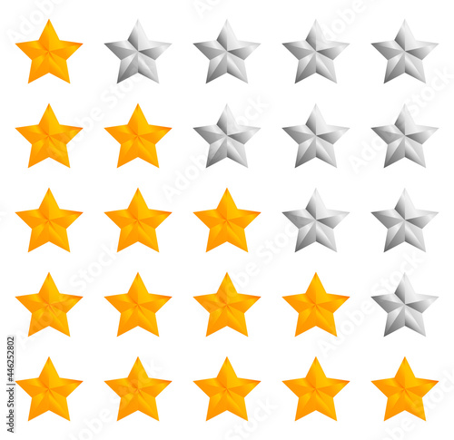 Yellow and grey one to five star review. Customer product rating review flat icon for apps and websites. Glyph style icon - gold and silver.
