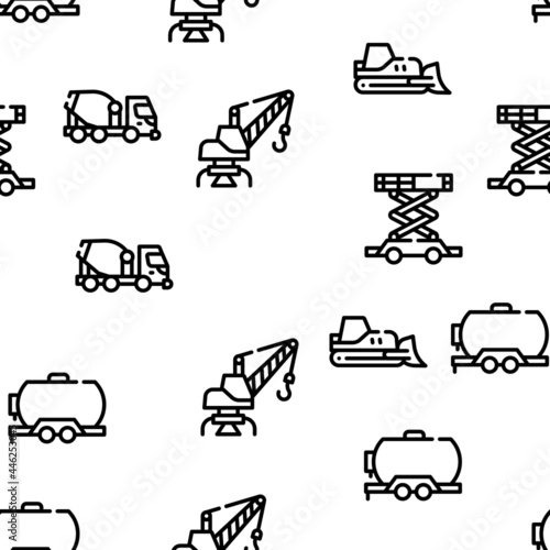 Construction Vehicle Vector Seamless Pattern Thin Line Illustration