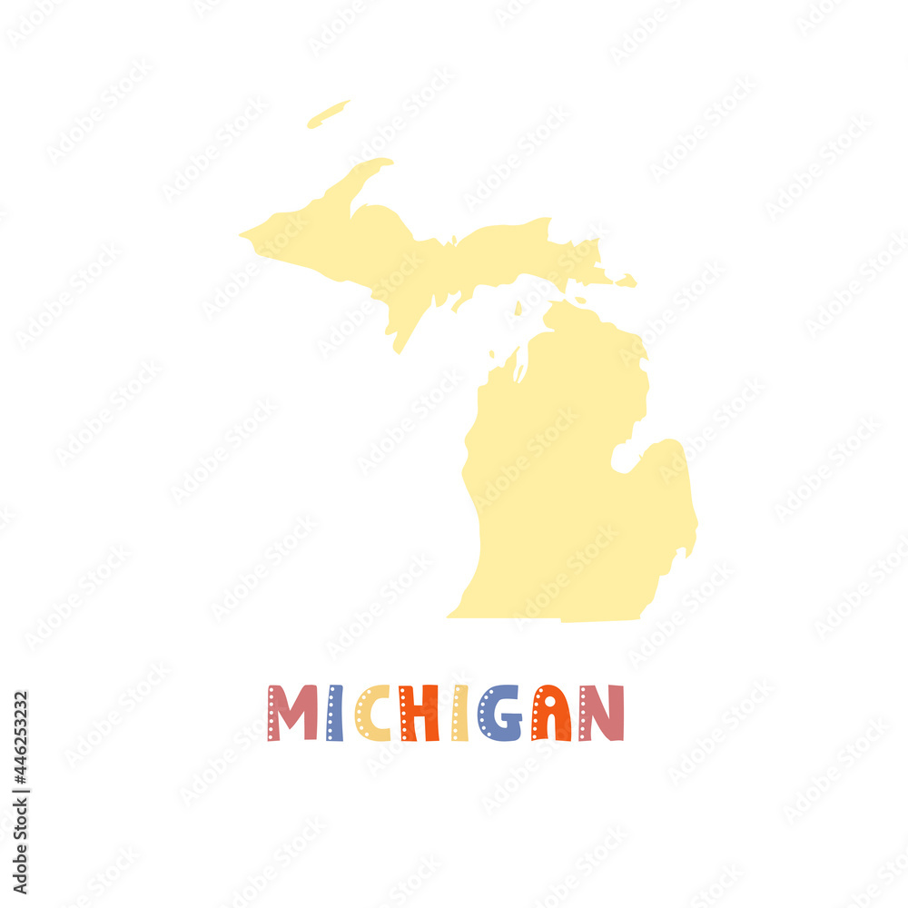 Michigan map isolated. USA collection. Map of Michigan - yellow silhouette. Doodling style lettering on white