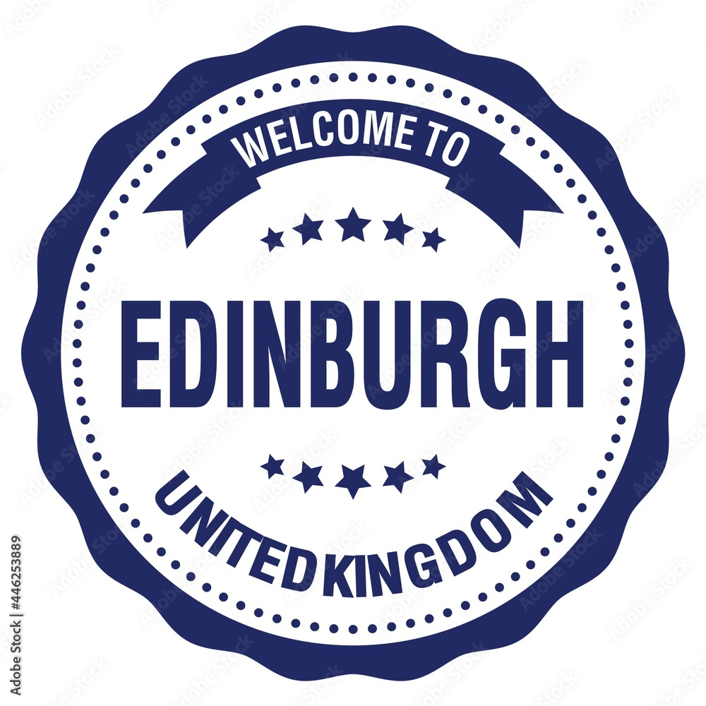 WELCOME TO EDINBURGH - UNITED KINGDOM, words written on blue stamp