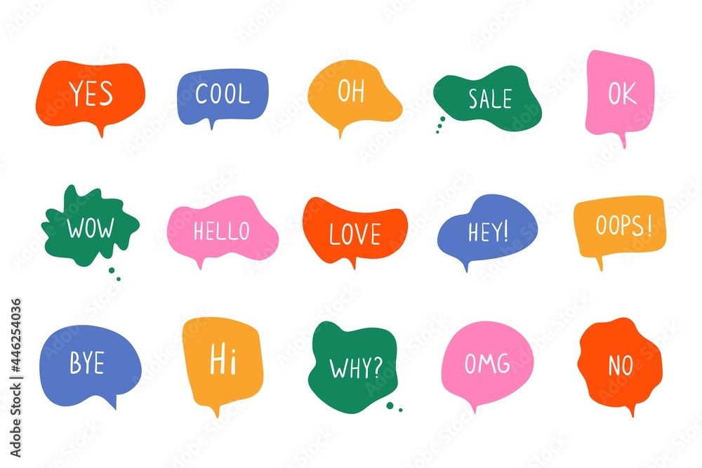 Bubble speech talk phrases. Online conversation chat clouds, cartoon dialog balloon, message sticker. Vector