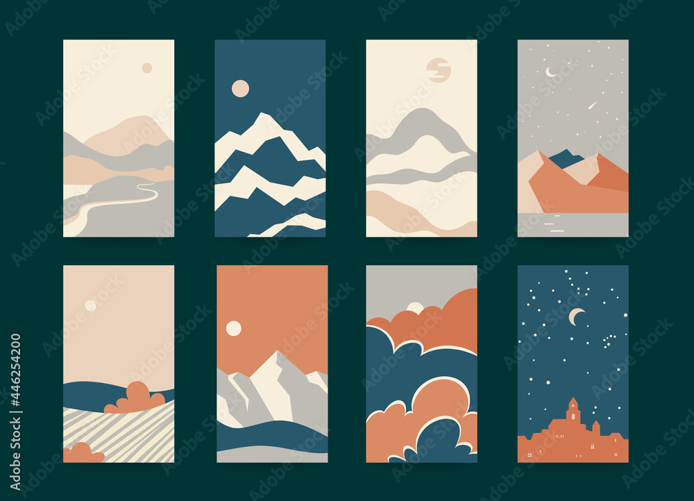 Minimal vector landscape illustrations collection. Flat style design templates collection for poster print, invitation, business card, social network stories background related to lifestyle, traveling