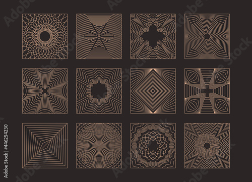 Abstract linear vector illustrations, boho logo design templates collection. Trendy minimal thin line icons. Vector emblems for graphic prints, company logotypes, branding elements. Editable strokes.