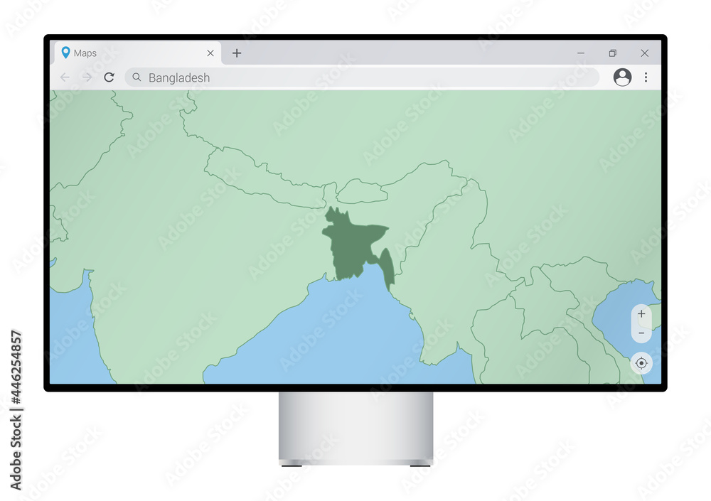 Computer monitor with map of Bangladesh in browser, search for the country of Bangladesh on the web mapping program. Computer monitor with map of Bangladesh in browser, search for the country of Bangladesh on the web mapping program.