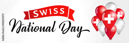 Swiss National Day lettering with balloons and flags. August 1, Switzerland national day vector illustration. Editable design for greeting card, poster and banner