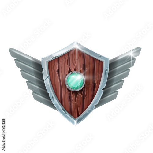 Wooden shield game badge, vector level up rank medal, medieval achievement award on white. Fantasy RPG winner congratulation reward, silver wings, green gem stone. Viking armor game badge icon