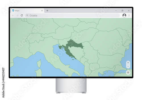 Computer monitor with map of Croatia in browser  search for the country of Croatia on the web mapping program.
