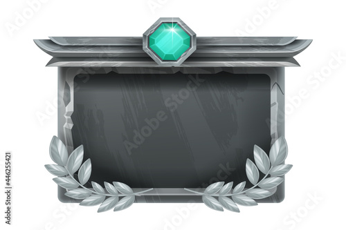 Game UI stone frame, vector medieval rock background, fantasy metal square interface panel, crystal. Silver ancient border, menu window tablet, sign board ranking tile. Game frame, green gem, wreath
