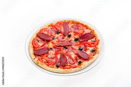 Pizza with salami, olives and balyk isolated on white background. Mockup pizza for menu and website. High quality photo