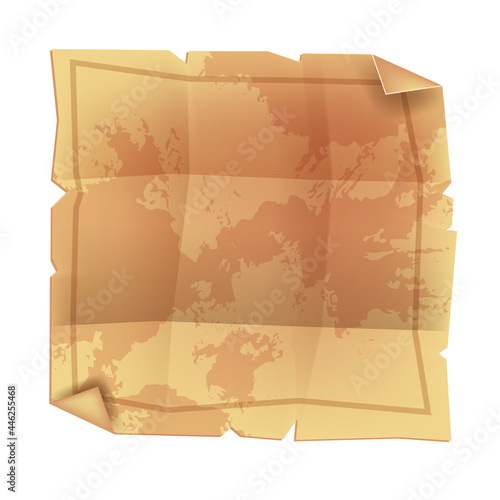 Old parchment paper illustration, vector papyrus antique background, game vintage map on white. Medieval manuscript sheet, empty cartoon brown document page. History aged craft old parchment piece