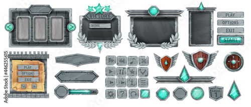 Stone UI game set, rock interface vector frame kit, gray boulder tile buttons, medieval winner shield. Magic gem stone, crystal medal, victory badge, window menu panel, sign board. Stone game assets
