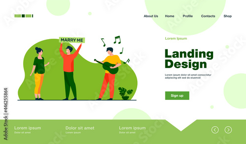 Happy guy proposing marriage to woman. Guitar, girlfriend, lover flat vector illustration. Love and relationship concept for banner, website design or landing web page
