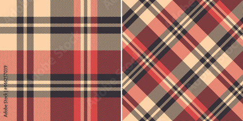 Tartan plaid pattern in brown, coral pink, beige. Seamless large asymmetric herringbone check plaid graphic for flannel shirt, blanket, duvet cover, other modern autumn winter fashion fabric print.