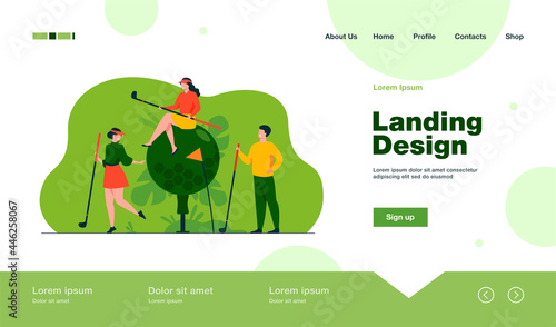 Happy people playing golf with brassies and ball on lawn  enjoying their hobby  having fun. Vector illustration for golf club  championship  sport  lifestyle concept