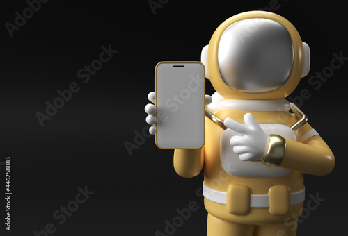 Astronaut Hand Pointing Finger smartphone blank screen template. abstract trendy fashionable mockup. 3D rendering of blank phone mobile app.