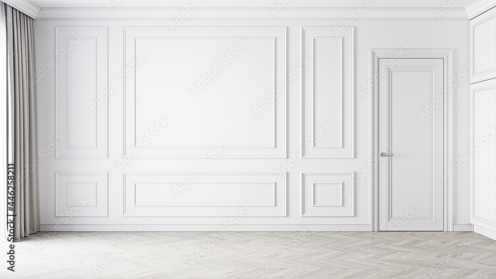 Classic empty white interior blank wall with moldings. 3d render illustration mockup. Classic empty white interior blank wall with moldings. 3d render illustration mockup.