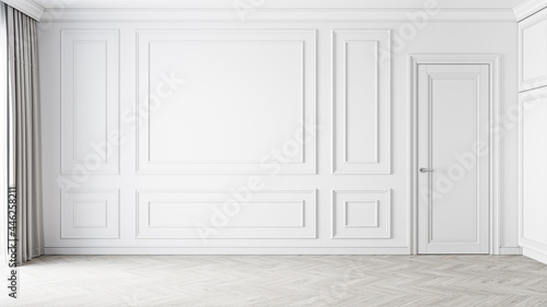 Classic empty white interior blank wall with moldings. 3d render illustration mockup.