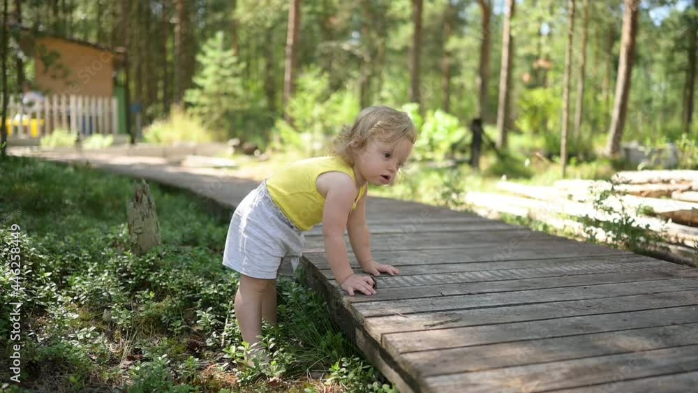 Little funny cute blonde girl child toddler in yellow undershirt and grey shorts walking playing on wooden eco trail outside at summer at front yard countryside. Healthy happy childhood concept. Little funny cute blonde girl child toddler in yellow undershirt and grey shorts walking playing on wooden eco trail outside at summer at front yard countryside. Healthy happy childhood concept.
