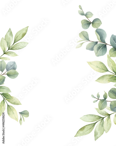 Watercolor vector card of green branches and leaves.