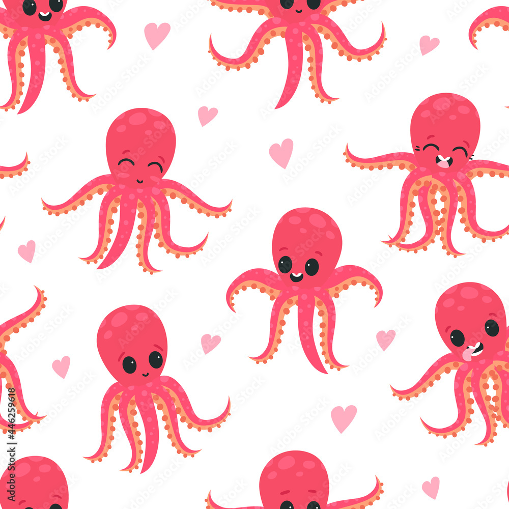 Cute Funny Pink Octopus with Tentacles Seamless Vector Pattern Cute Funny Pink Octopus with Tentacles Seamless Vector Pattern