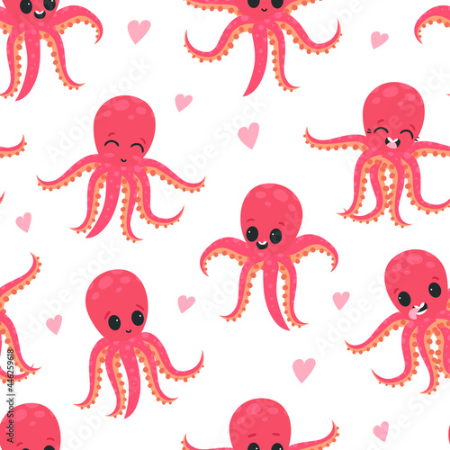 Cute Funny Pink Octopus with Tentacles Seamless Vector Pattern