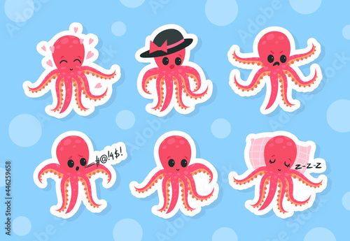 Cute Funny Pink Octopus with Tentacles Sleeping on Pillow and with Angry Face Vector Sticker Set