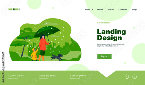 Woman with umbrella, girl in raincoat and dog walking in rain in city park. Vector illustration for family activity, bad weather, downpour concept