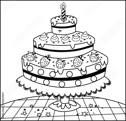 Black and white vector illustration of a birthday cake.