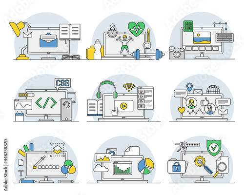 Online Professions with Learning Platform and Computer Interface Display Line Vector Set