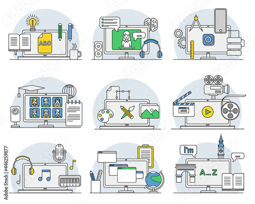 Online Professions with Learning Platform and Computer Interface Display Line Vector Set