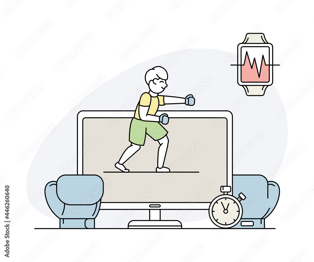 Online Sport and Physical Exercise with Computer Screen, Timer and Boxing Gloves Line Vector Illustration