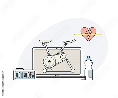 Online Sport and Cardio Physical Exercise with Computer Screen, Timer and Stationary Bicycle Line Vector Illustration