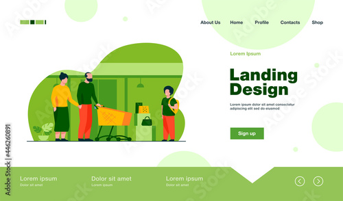 Senior couple and kid shopping in mall. Boy, grandparents, cart, store window flat vector illustration. Commerce, family, generation concept for banner, website design or landing web page