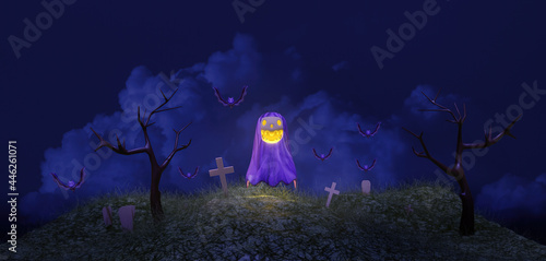 Halloween cute ghost cartoon character in cemetery and copy space with dark night scene. 3d rendering illustration