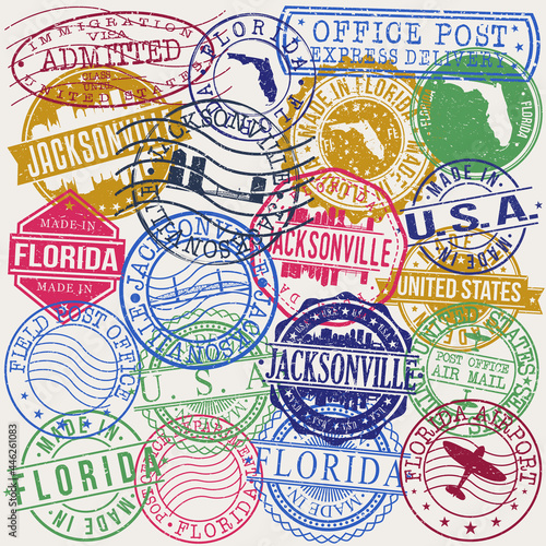 Jacksonville  FL  USA Set of Stamps. Travel Stamp. Made In Product. Design Seals Old Style Insignia.