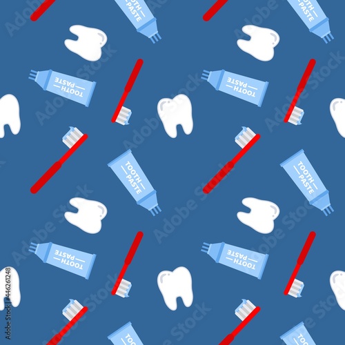 blue dental tooth paste brush repeat seamless pattern doodle cartoon style wallpaper Vector illustration