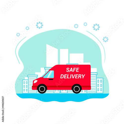 A food delivery during the coronavirus pandemic. A red van with the inscription - Safe delivery. Contactless delivery. The icon on blue background.