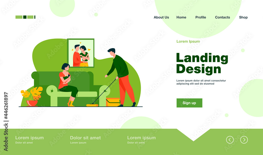 Loving man helping with house routine when woman feeding baby. Breast, family, newborn flat vector illustration. Motherhood and lactation concept for banner, website design or landing web page Loving man helping with house routine when woman feeding baby. Breast, family, newborn flat vector illustration. Motherhood and lactation concept for banner, website design or landing web page