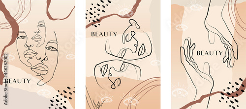 One line wall art vector set.  Boho line art drawing with abstract shape. Abstract face and hands Art design for print, cover, wallpaper, Minimal wall art.