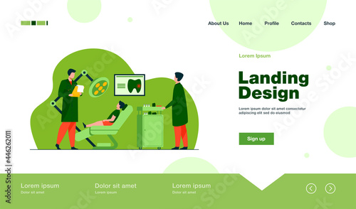 Dentist examining boy in dental chair. Doctor, tooth, visit flat vector illustration. Stomatology and dentistry concept for banner, website design or landing web page