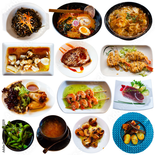 Collage of tasty Japanese dishes on white background. High quality photo