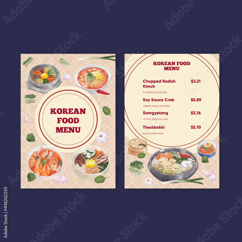 Menu template with Korean foods concept watercolor style